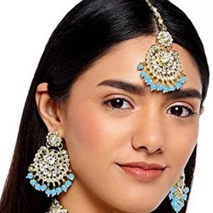 Aheli Exquisite Design Faux Kundan Beaded Earrings Maang Tikka Set Ethnic Indian